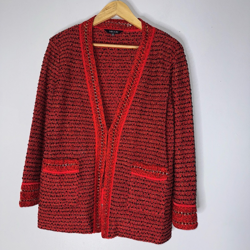 Misook Cardigan Womens XL Petite Red Sweater Open Jacket Holiday Gold Tweed‎